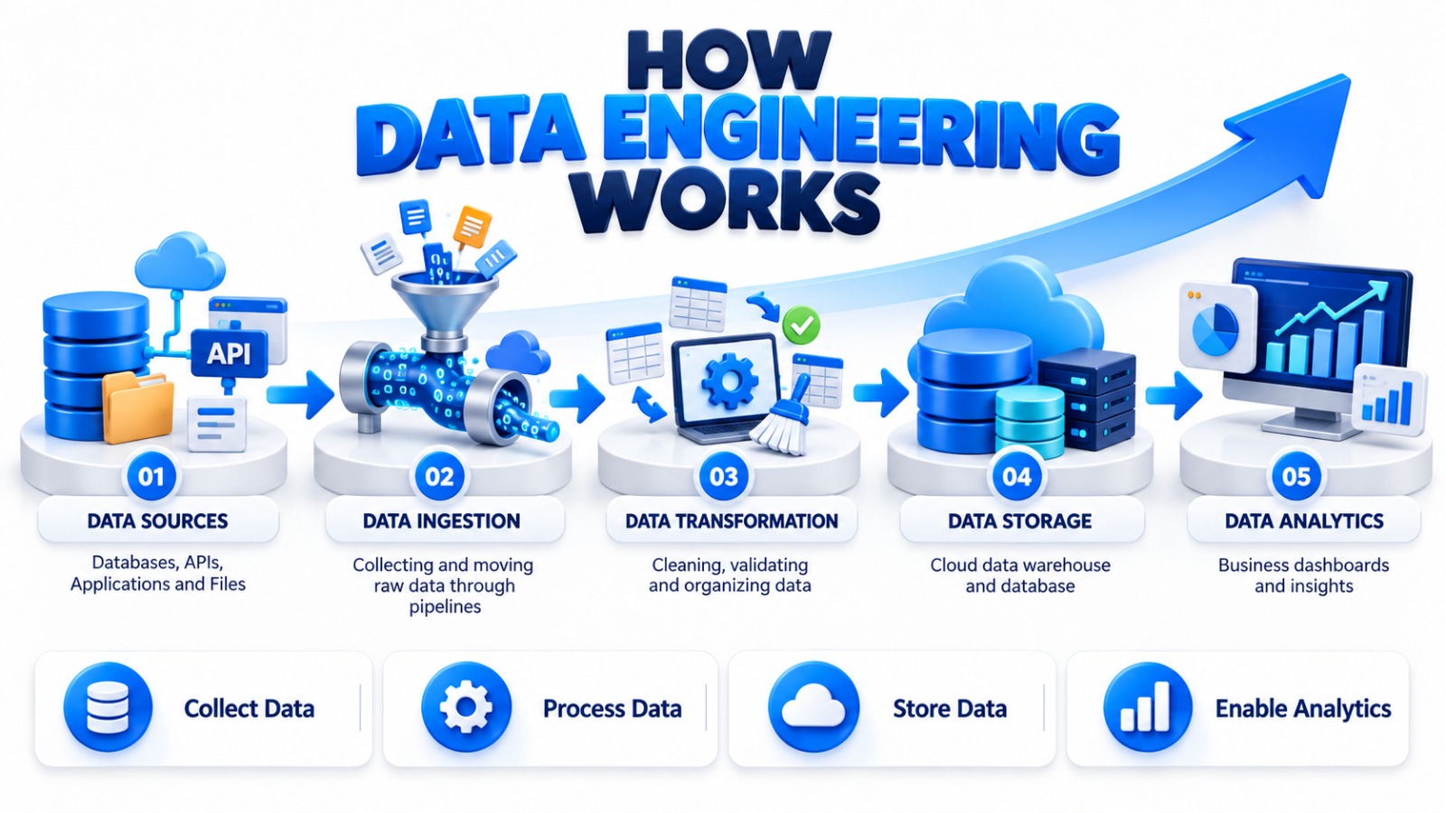 Data engineering process showing data collection, ingestion, transformation, cloud storage and analytics.